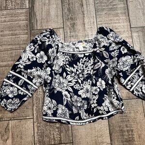 C&C California Navy Blue & White Floral Off-Shoulder Top